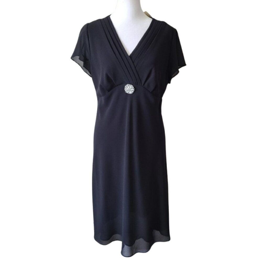 NWT Coldwater Creek LBD Chiffon Black Dress Rhinestone Diamond Brooch 6 Petite - Picture 1 of 14